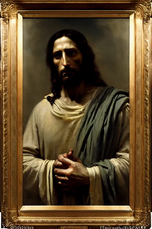 Image similar to photograph imax and solomon joseph solomon and richard schmid and jeremy lipking victorian loose genre loose painting full length portrait painting of jesus