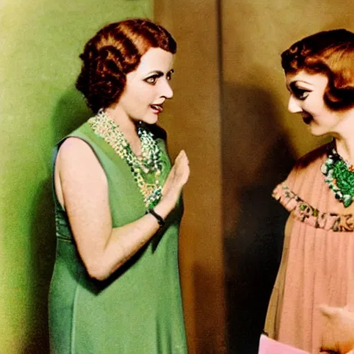 Image similar to a extreme long medium full shot, german and eastern european mixture kodachrome slide depicting a queen with tan skin, short, rippling dark cinnamon hair, and emerald coloured eyes, having a meeting with the prime minister. she is depicted in a vintage historical fantasy 1 9 3 2 life magazine photograph wearing a pink dress with floral patterns and green jewelry.