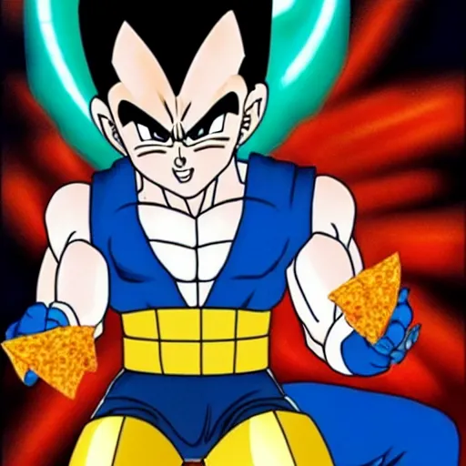 Prompt: vegeta eating doritos