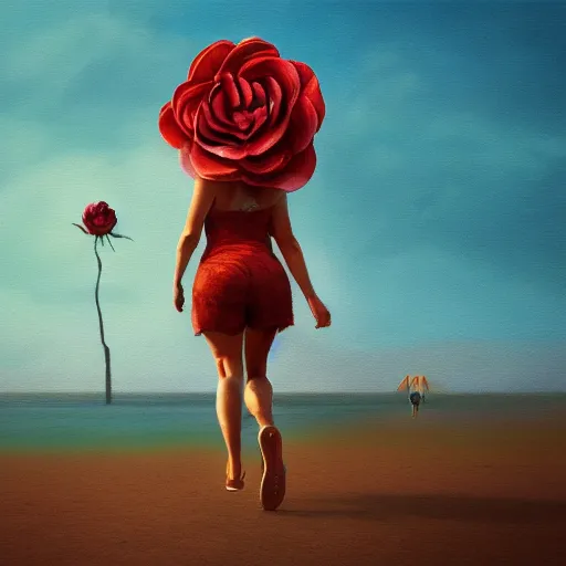 Image similar to portrait, giant rose flower head, woman running at the beach, surreal photography, sunrise, blue sky, dramatic light, impressionist painting, digital painting, artstation, simon stalenhag