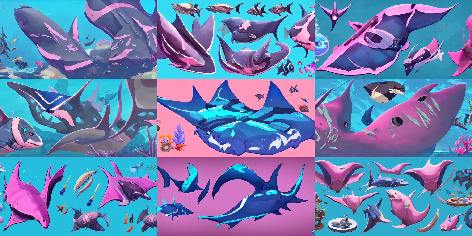 Prompt: game asset of sea manta ray and fish, in gouache detailed paintings, props, stylized, 2 d sprites, kitbash, arcane, overwatch, blue and pink color scheme, 8 k, close up