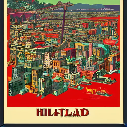 Prompt: a colorful vintage poster of a city on an alien planet, highly detailed