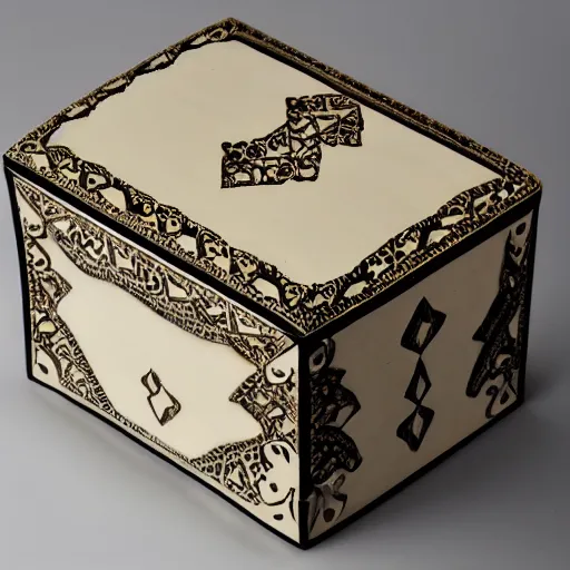 Image similar to arabesque carved ivory box, studio photography, black background