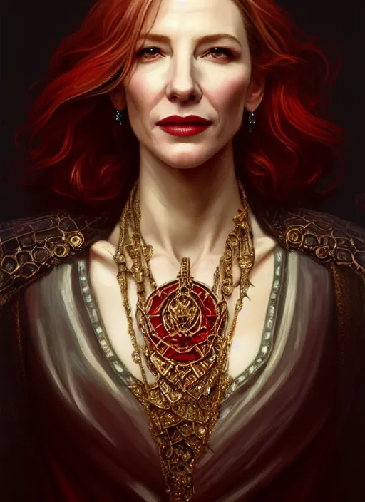 Prompt: portrait of kate blanchett as a vampire lord, jewelry, greek, ruby, intricate, headshot, highly detailed, digital painting, artstation, concept art, sharp focus, cinematic lighting, illustration, art by artgerm and greg rutkowski, alphonse mucha, cgsociety