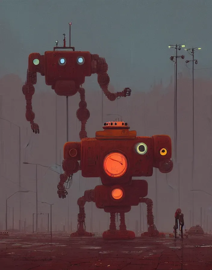 Prompt: giant rusty robot looking at a human, overcast, sci - fi digital painting by simon stalenhag