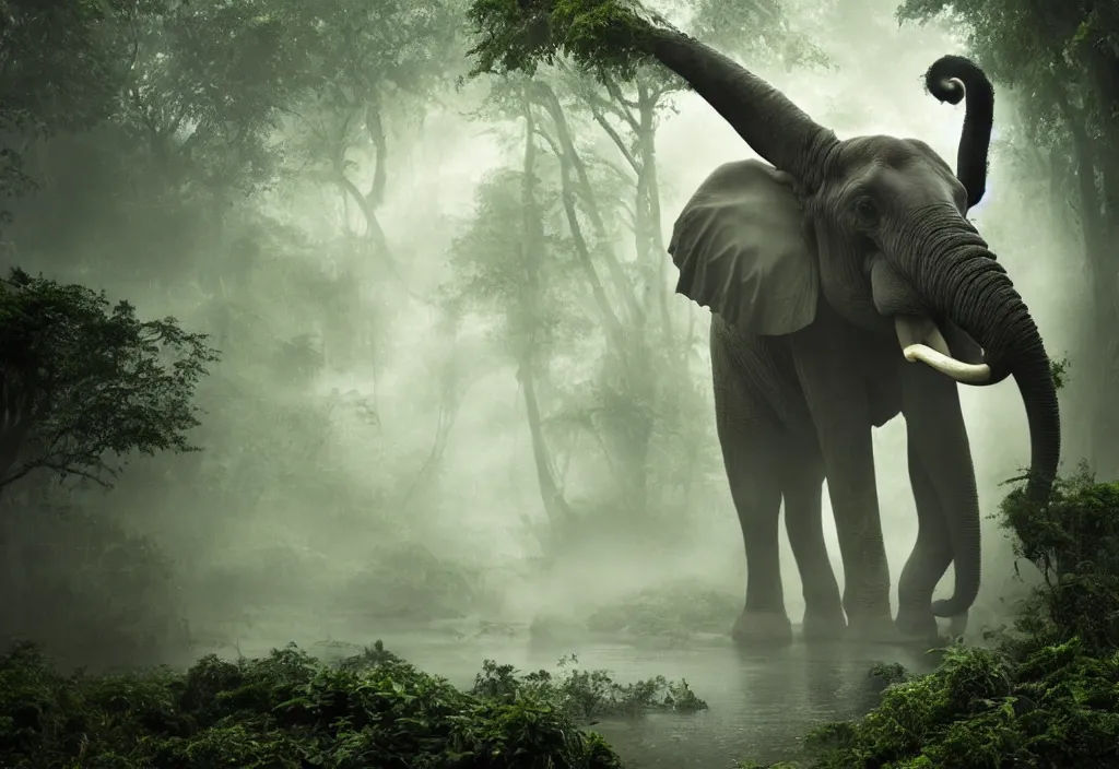 Image similar to an enormous alien elephant king, in a jungle with ominous light from above, ambient light, fog, river, very poetic