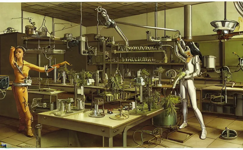 Prompt: cannabis plant extraction distillery laboratory. by rembrant, battle angel alita, ralph mcquarrie, aluminum, 1 6 6 7