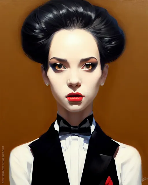 Prompt: a ultradetailed beautiful portrait panting of a stylish woman wearing a black tuxedo, she has a crazy looking expression, white background, oil painting, by ilya kuvshinov, greg rutkowski and makoto shinkai, trending on artstation