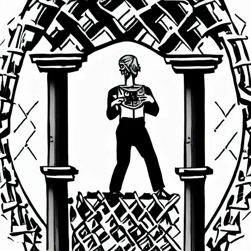 Prompt: man holding scales, tower, ring, archway, gate, geometric, tarot card style, intricate, full color