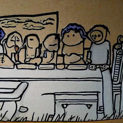 Image similar to last supper, drawn by a 5 year old detailed, sketh