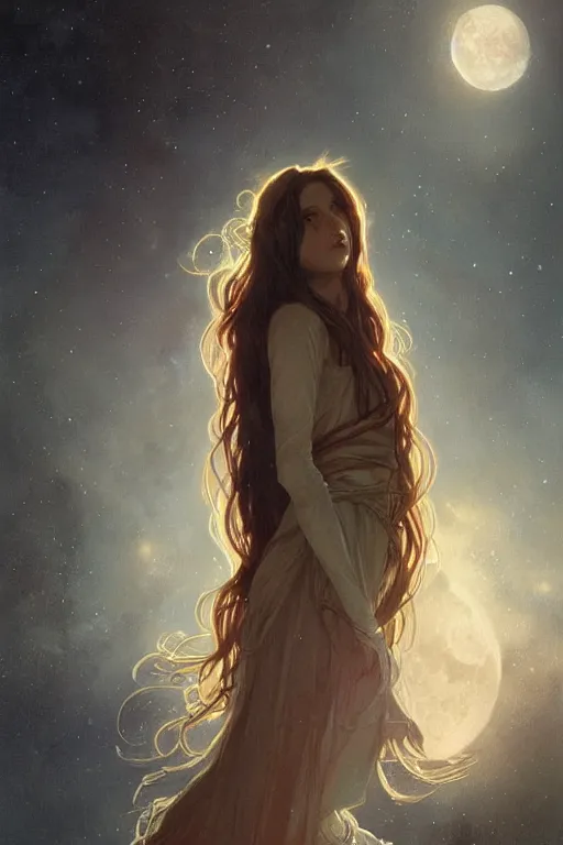 Prompt: long hair girl, portrait, moon night background, night, high detail, concept art, digital art, illustration, smooth, sharp focus, greg rutkowski, alphonse mucha, trending on artstation, trending on deviantart,