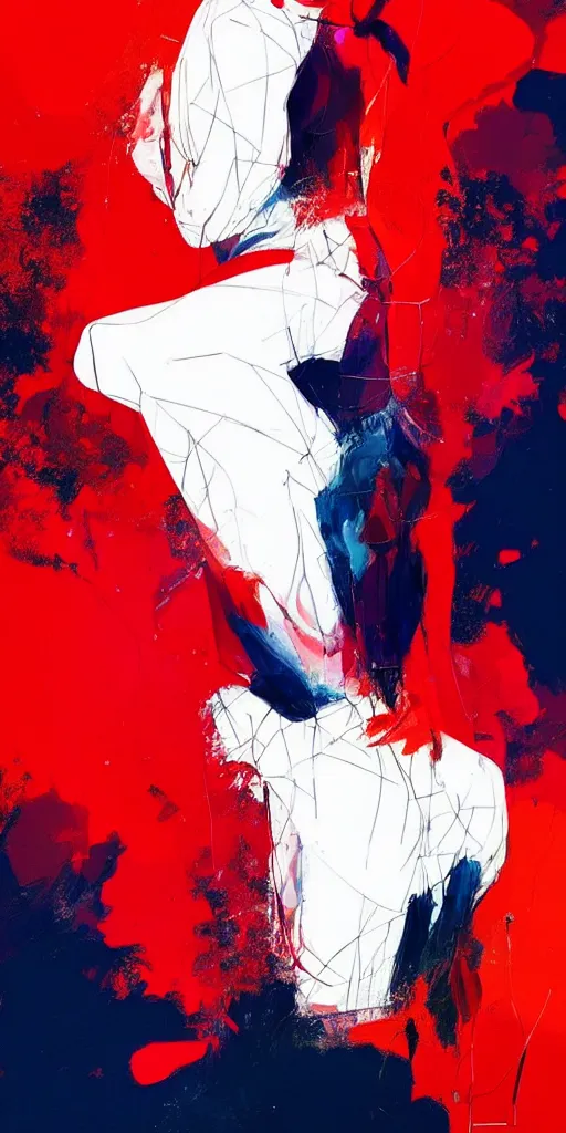 Image similar to abstract flowing brush strokes of the outline of the closeup torso of athletic man posing dramatically with no face, by conrad roset, dark background, painting trending on artstation
