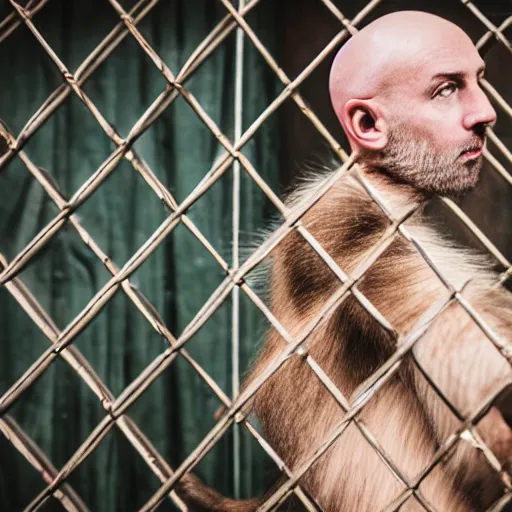 Prompt: bald white man wearing a monkey suit inside a cage. 5 0 mm f 5. 7