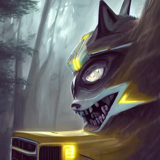 Prompt: Transformer hybrid of bus and wolf, having cabin if form of wolf head with big yellow eyes looking at us and long body of bus with wheels and windows, mechanical form of life, oil on canvas, fantasy, digital painting, concept art, smooth, sharp focus, illustration, artstation trending, octane render, unreal engine, Ghibli, anime style