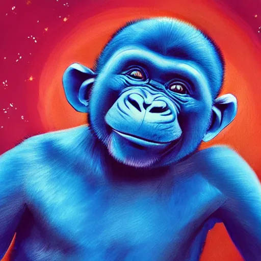 Image similar to a blue chimp is lying on his back, looking at the stars, 4 k, photo, beautiful, trending on artstation