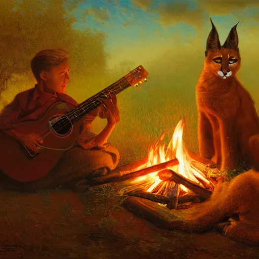 Prompt: three cute caracals wearing red ties with guitar, campfire, night, atmospheric lighting, intricate, volumetric lighting, digital art, highly detailed by gaston bussiere, craig mullins, j. c. leyendecker 8 k