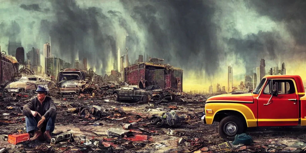 Image similar to 1970s photography a truck driver wearing a cap sitting next to his colorful truck in a apocalyptic wasteland, tornado and apocalyptic city in the background, detailed intricate insanely detailed octane render, 8k artistic photography, photorealistic, chiaroscuro, hd, by David Cronenberg, Raphael, Caravaggio