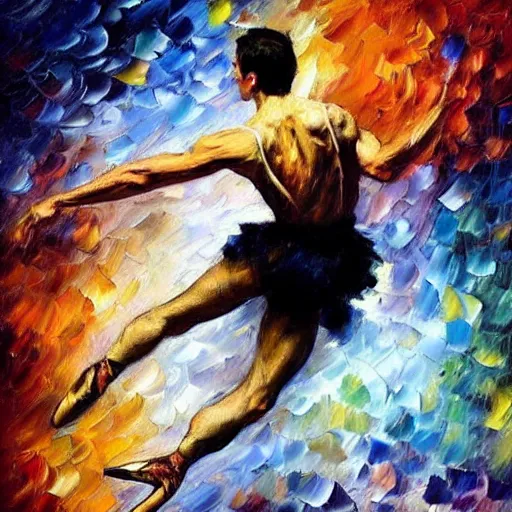 Image similar to palette knife oil painting of a leaping male ballet dancer, extreme detail, style by Leonid Afremov and Degas, artstation, artgerm, deviant art, octane, Substance, art history, photo realistic