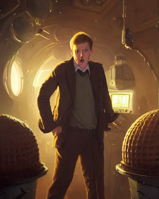 Image similar to medium - shot, vislor turlough played by mark strickson at age 1 8, at the alien space pub, crowded, with lights, interior, from doctor who series, artstation, highly detailed digital painting, smooth, global illumination, sci fi art by greg rutkowsky, karl spitzweg, leyendecker