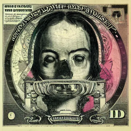 Image similar to post - punk new age album cover, asymmetrical design, dollar bank notes, capitalism, magic, apocalypse, psychedelic, black white pink, magic, giger h. r., giuseppe arcimboldo