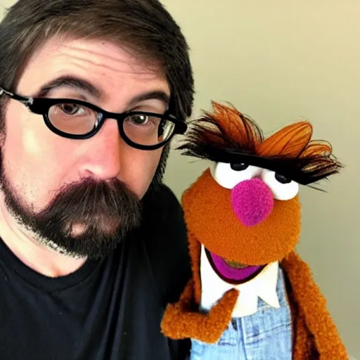 Prompt: muppet with a very long brown goatee and long mustache, glasses and short brown hair.