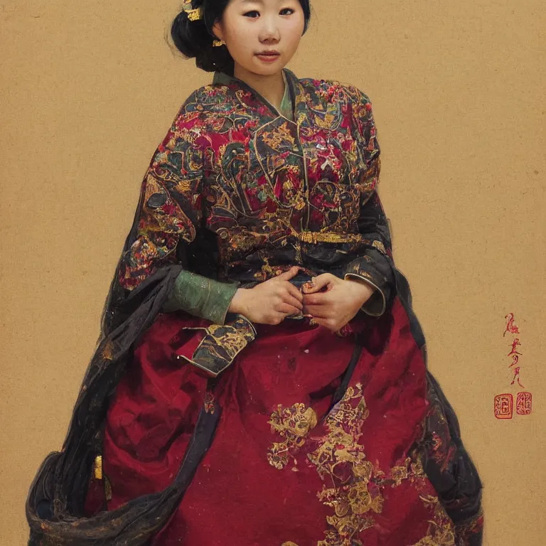 Prompt: a young Asian woman in a traditional dress by Peter Tung