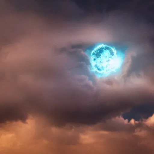 Prompt: atomic nucleus surrounded by clouds, dramatic lighting