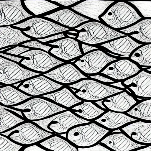 Image similar to tessellated fish, pencil art, mc escher