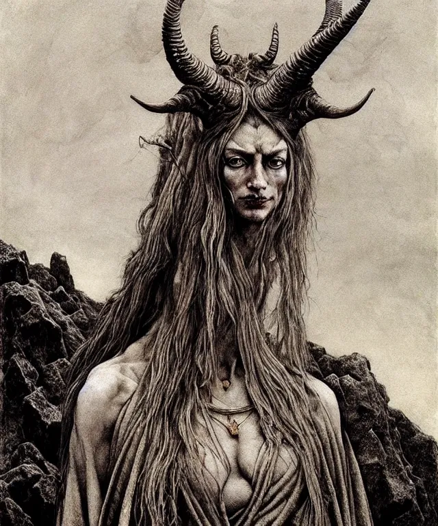 Image similar to A detailed horned goatwoman stands among the hills. Wearing a ripped mantle, robe. Perfect faces, extremely high details, realistic, fantasy art, solo, masterpiece, art by Zdzisław Beksiński, Arthur Rackham, Dariusz Zawadzki