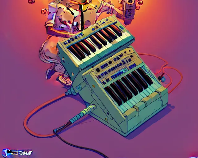 Image similar to a study of cell shaded cartoon of a microKorg synthesizer, subtle colors, post grunge, concept art by josan gonzales and wlop, by james jean, Victo ngai, David Rubín, Mike Mignola, Laurie Greasley, highly detailed, sharp focus, Trending on Artstation, HQ, deviantart, art by artgem