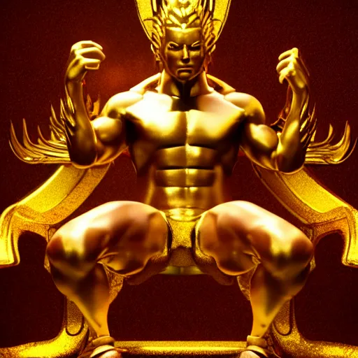 Prompt: golden god, muscular, throne, glow, fantasy, octane render, epic, award winning