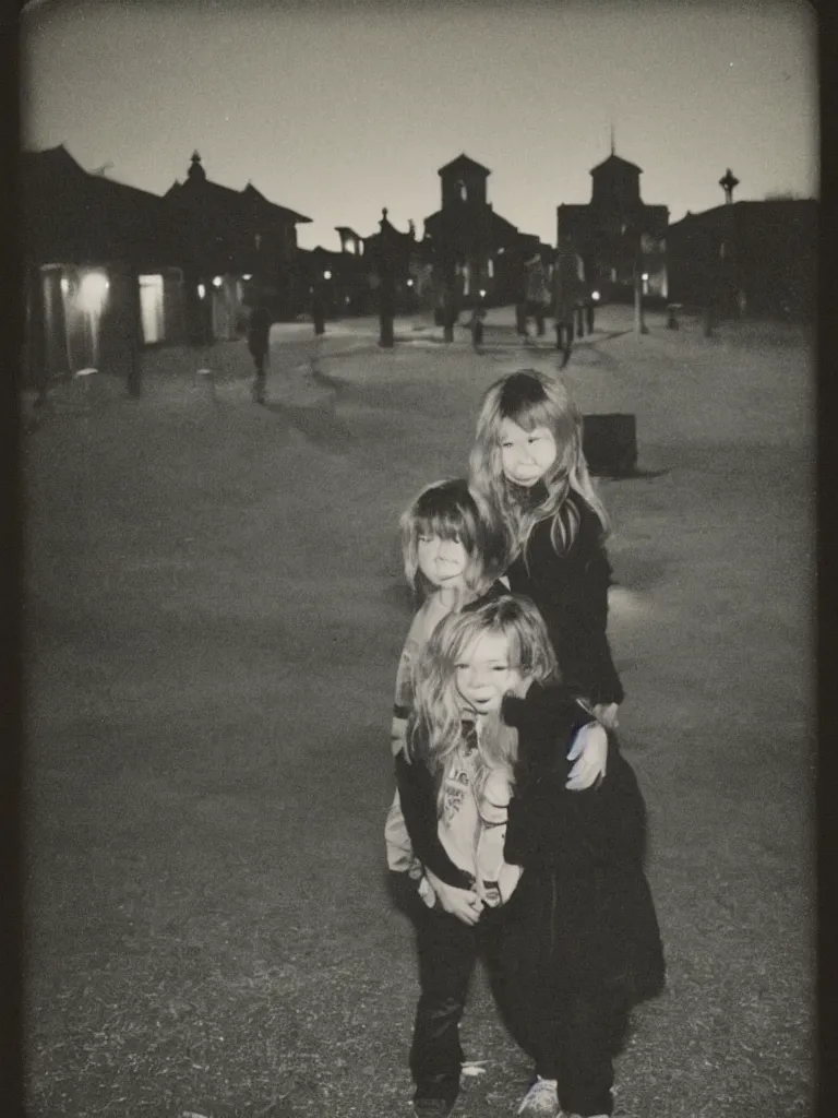 Image similar to a couple of kids posing for a picture at night, dark, backlighting, small village, empty town square, old color polaroid