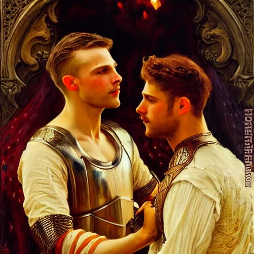 Prompt: attractive arthur pendragon confesses his love for his attractive knight. highly detailed painting by gaston bussiere and j. c. leyendecker 8 k