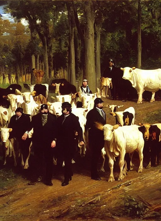 Image similar to artwork painting of acow being led into the slaughter house by eugene von guerard, ivan shishkin, john singer sargent