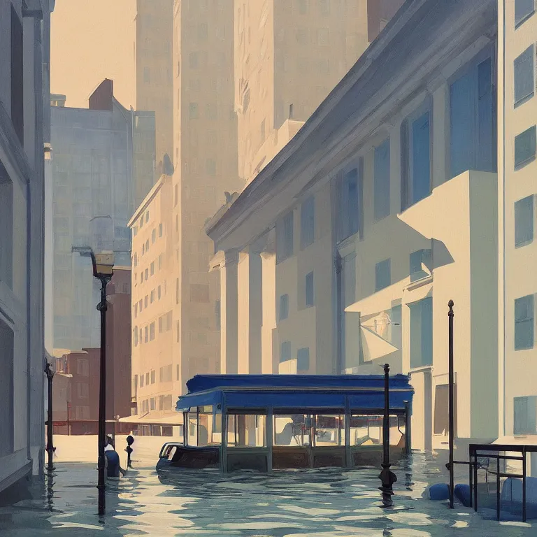 Prompt: morning flood in an empty city, , painted by Edward Hopper, painted by James Gilleard, airbrush