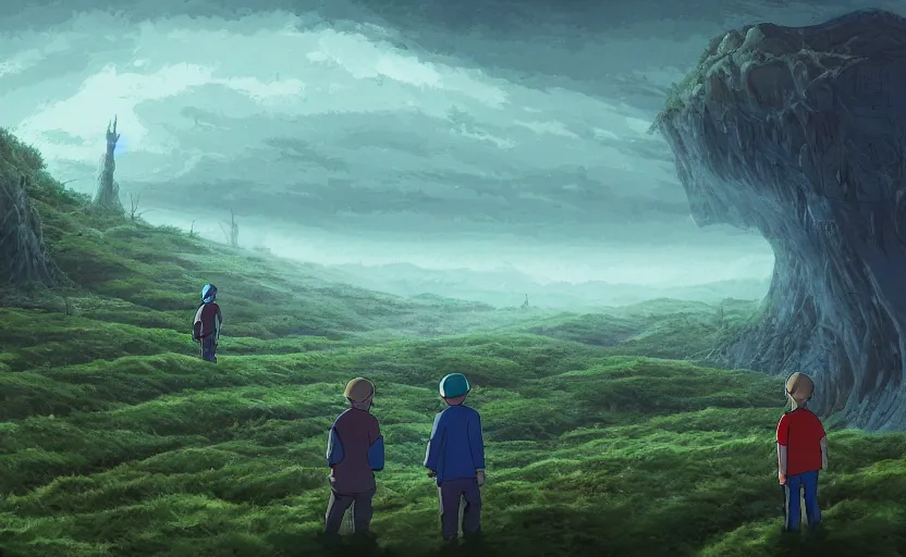 Image similar to highly detailed cell - shaded cartoon landscape with two boys looking at a miniature alien creature 1 9 7 0 s science fiction, moody, misty, depth perception, 4 k, artstation, in the style of studio ghibli