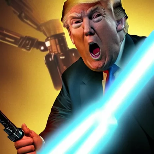 Image similar to donald trump wielding a lightsaber, dynamic lighting, highly detailed