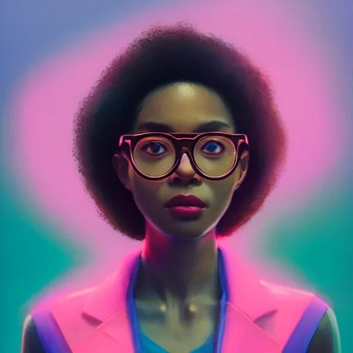 Prompt: woman wearing very very thick glasses profile picture by greg rutkowski, dynamic pose, brown skin, long afro hair, asymmetrical, futuristic, pastel neon colors, streetwear, studio ghibli, organic painting, matte painting, geometric shapes, hard edges, street art, trending on artstation, fantasy lut, realistic by sachin teng,