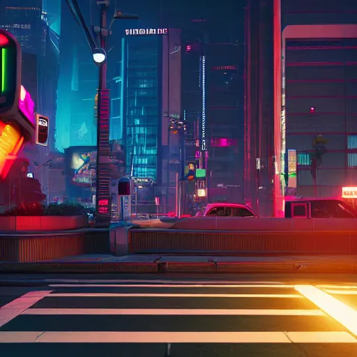 Prompt: Cyberpunk 2077 city crosswalk with traffic light, concept art, unreal engine, 4k render, global illumination, blender, cycles