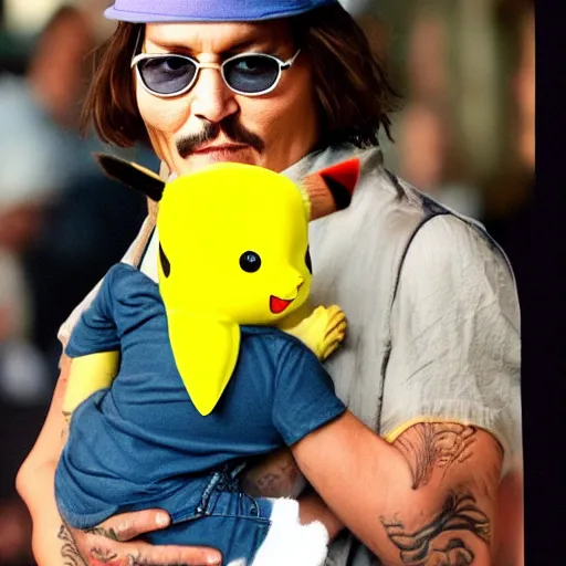 Image similar to johnny depp holding a baby pikachu