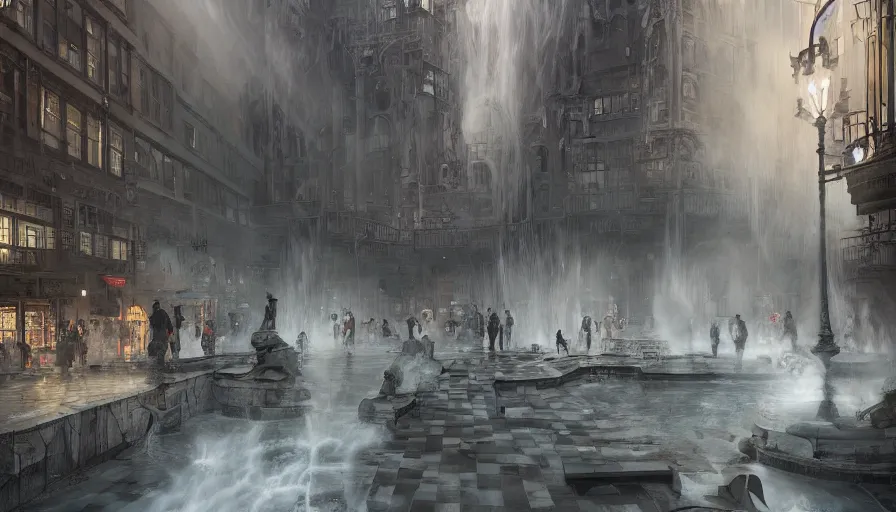 Image similar to City square in a Dieselpunk city, fontains with sculptures of people mixed with angines made from marble and petrol flowing instead of water, steam, epic composition, intricate, elegant, volumetric lighting, digital painting, highly detailed, artstation, sharp focus, illustration, concept art, ruan jia, steve mccurry