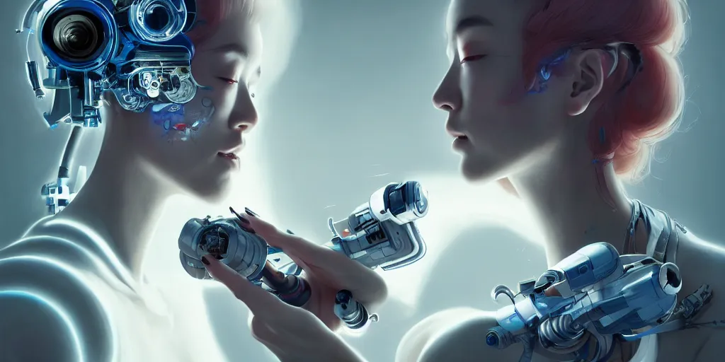 Prompt: hyperrealistic photography of a gorgeous cyborg assisting a milky machine in the style of Jin Kagetsu, James Jean and wlop, highly detailed, masterpiece, award-winning, sharp focus, intricate concept art, ambient lighting, 8k, artstation