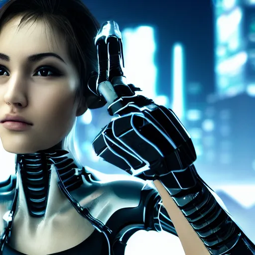 Prompt: young attractive woman, ultrarealistic face, cyberpunk, beautiful body, high detail, realistic cyber arm, closeup 4k