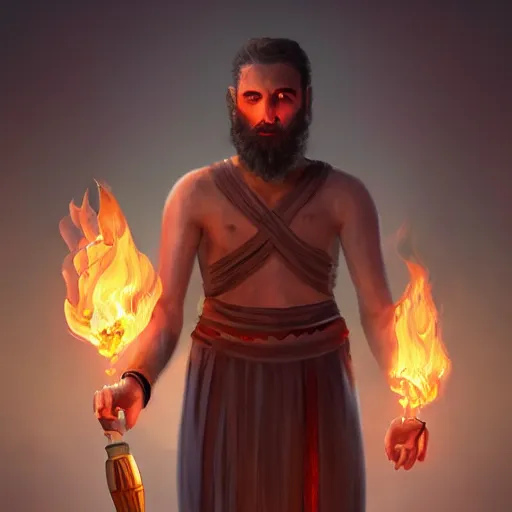 Prompt: award intense 27 year old Mediterranean skinned man in Ancient Canaanite tunic, holding a flaming torch, beard, short hair, Nighttime. action, violence, hyperdetailed, artstation, cgsociety, 8k