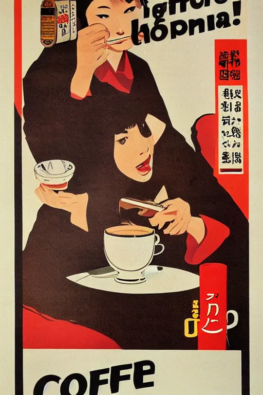 Image similar to coffee advertisment, still life, 1 9 7 0 s japan shouwa advertisement, print, nostalgic