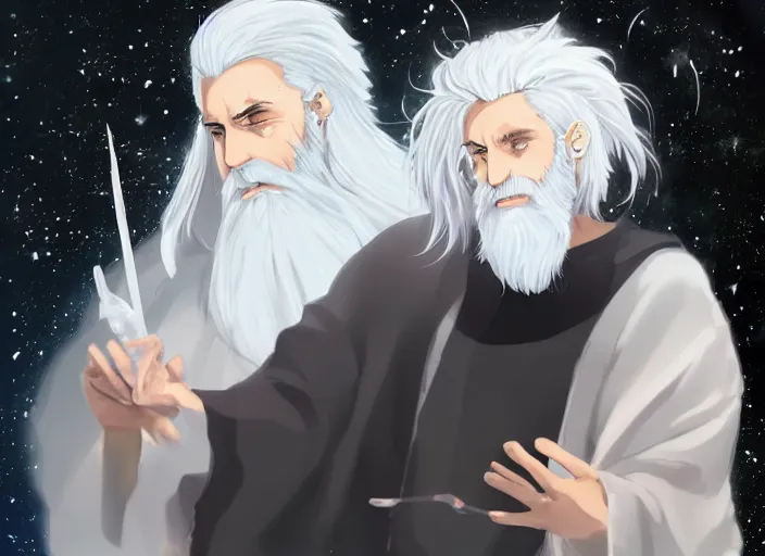 Prompt: god creating the universe, anime artstation, white long beard, white hair, white cloth