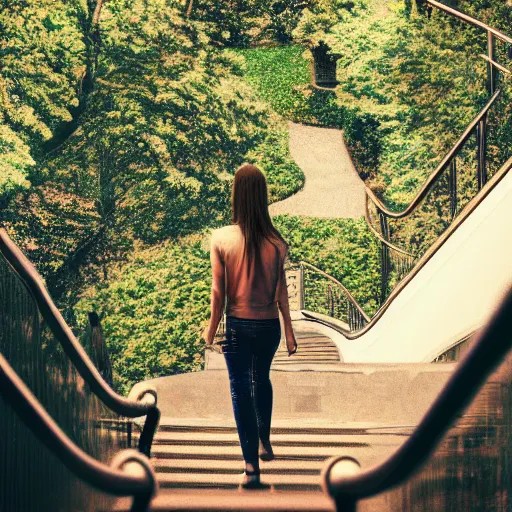 Image similar to a girl walking up a infinity staircase, digital art, 4K