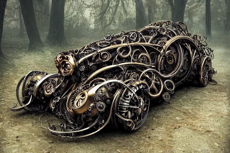 Image similar to biomechanical shiny steampunk vehicle reminiscent of bugatti chiron with (glowing) lights and octopus tentacles parked in ancient mystic woods, gothic and baroque, brutalist architecture, ultradetailed, creepy ambiance, fog, artgerm, giger, Intricate by Ellen Jewett and Josan Gonzalez and Giuseppe Arcimboldo