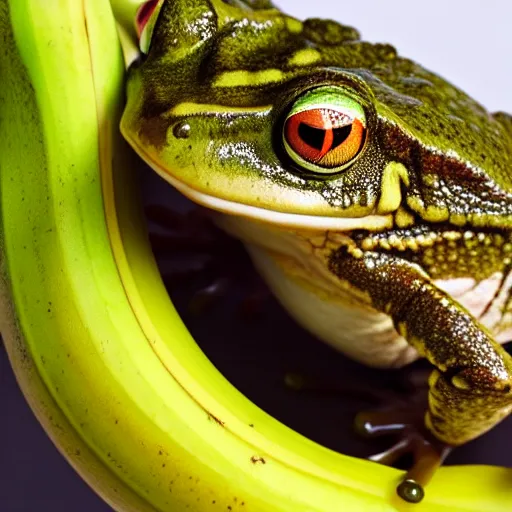 Image similar to a frog made of bananas, close - up professional photography, white background, studio lighting