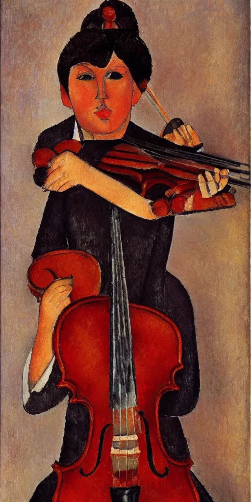 Image similar to violin player portait by modigliani, very detailed, intricate symmetric, soft shadow, dslr, 4 k